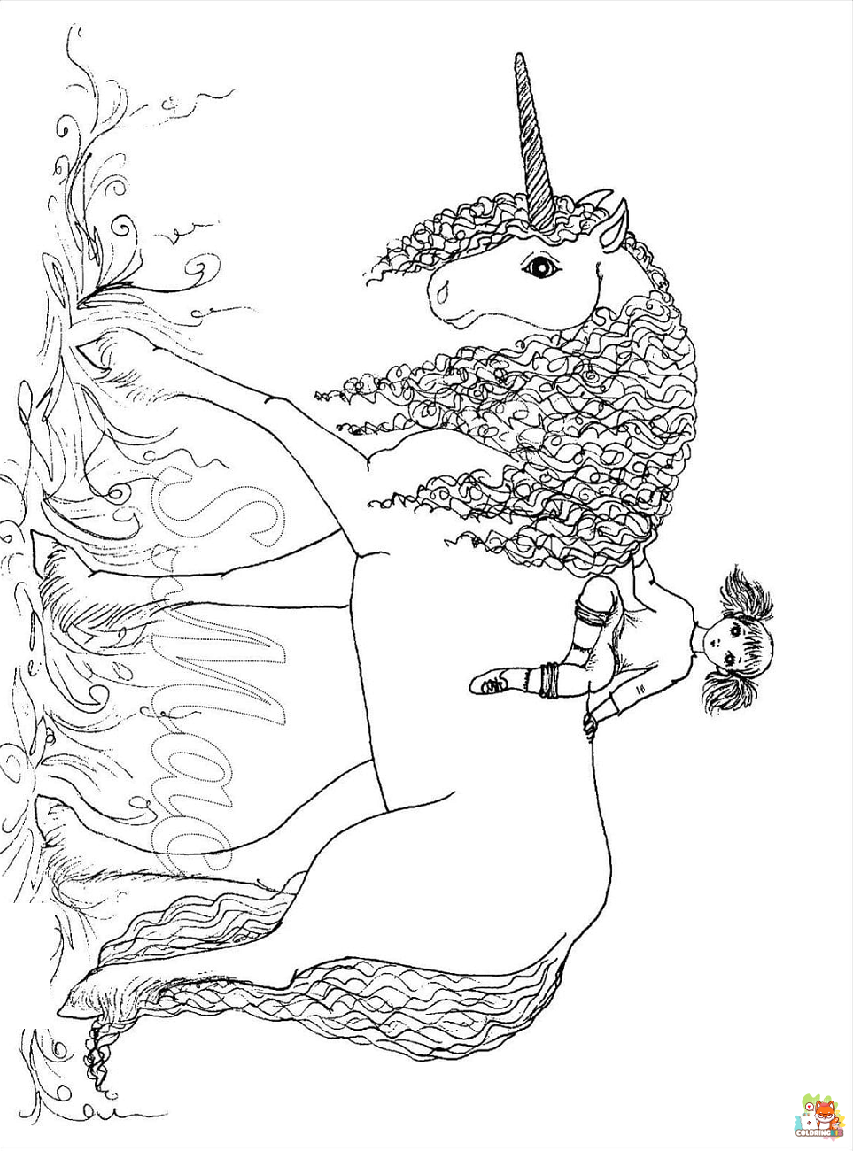 Little Girl On Unicorn Coloring Pages 2