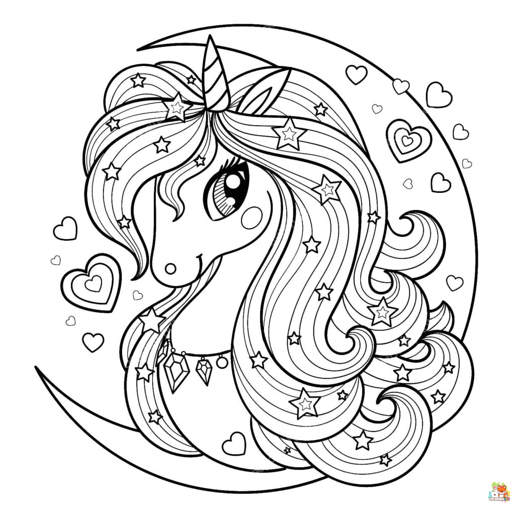 Unicorn And Crescent Moon coloring pages 2