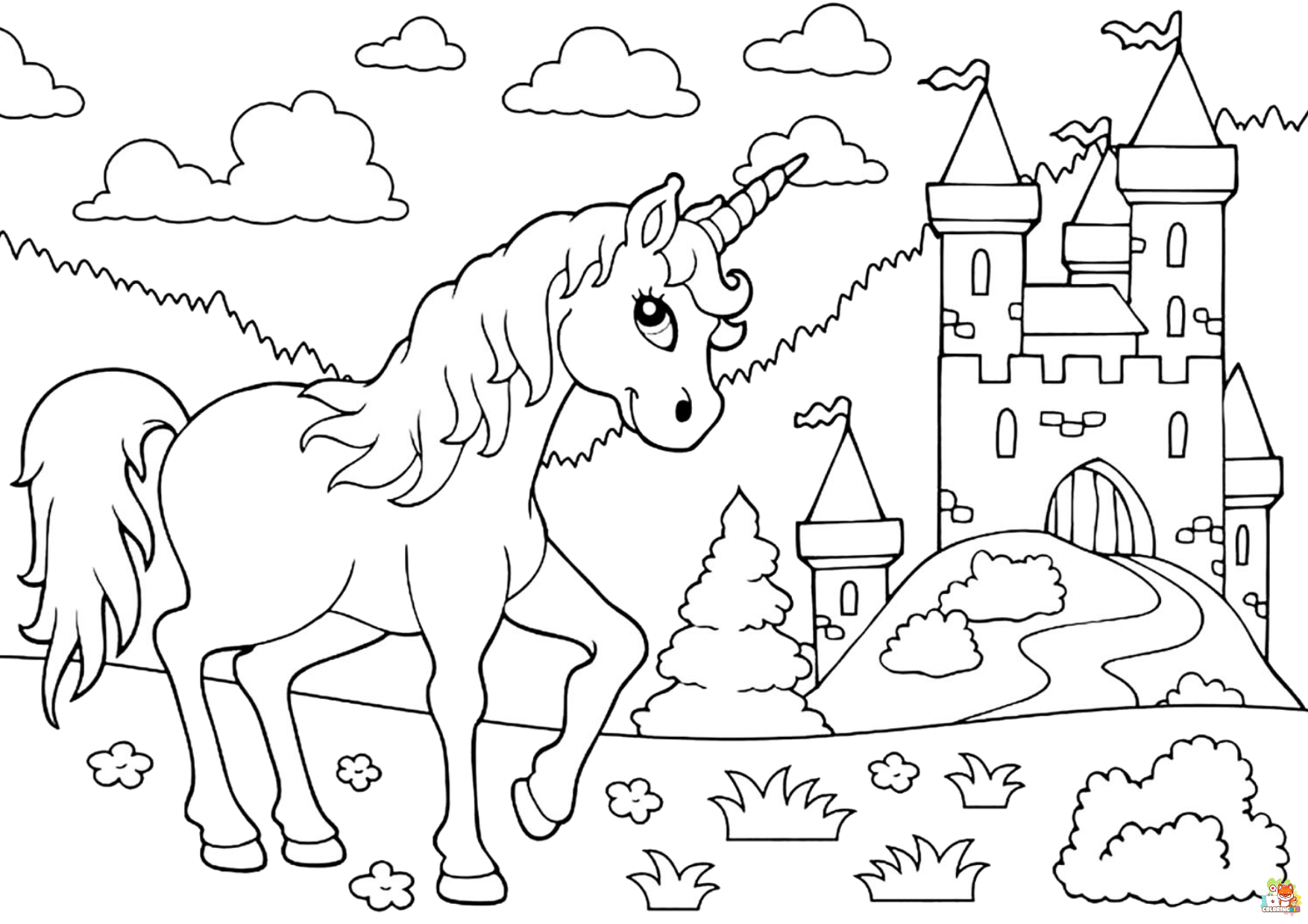 Unicorn And The Castle Coloring Pages 3