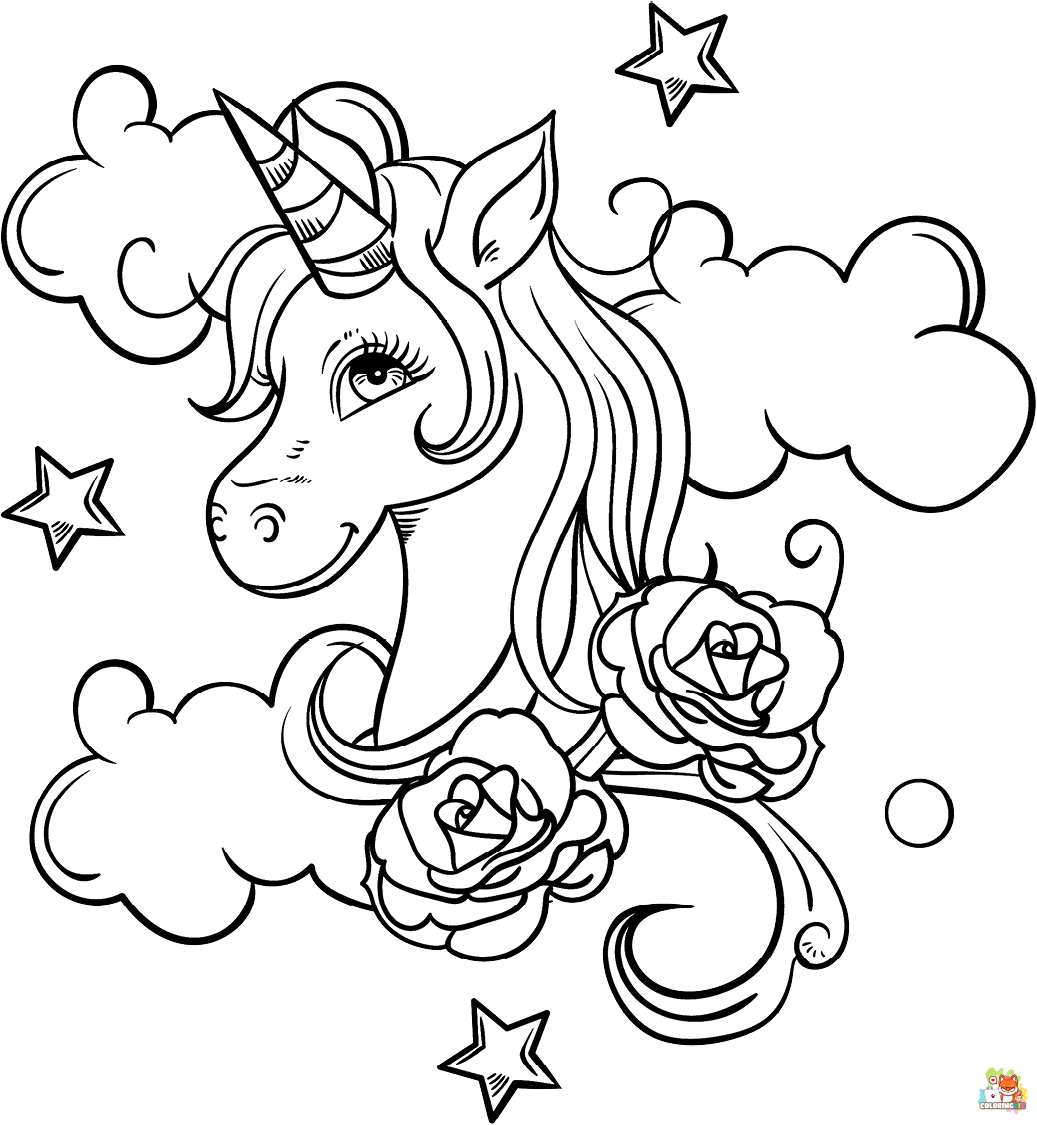 Unicorn Head And Roses Coloring Pages 2