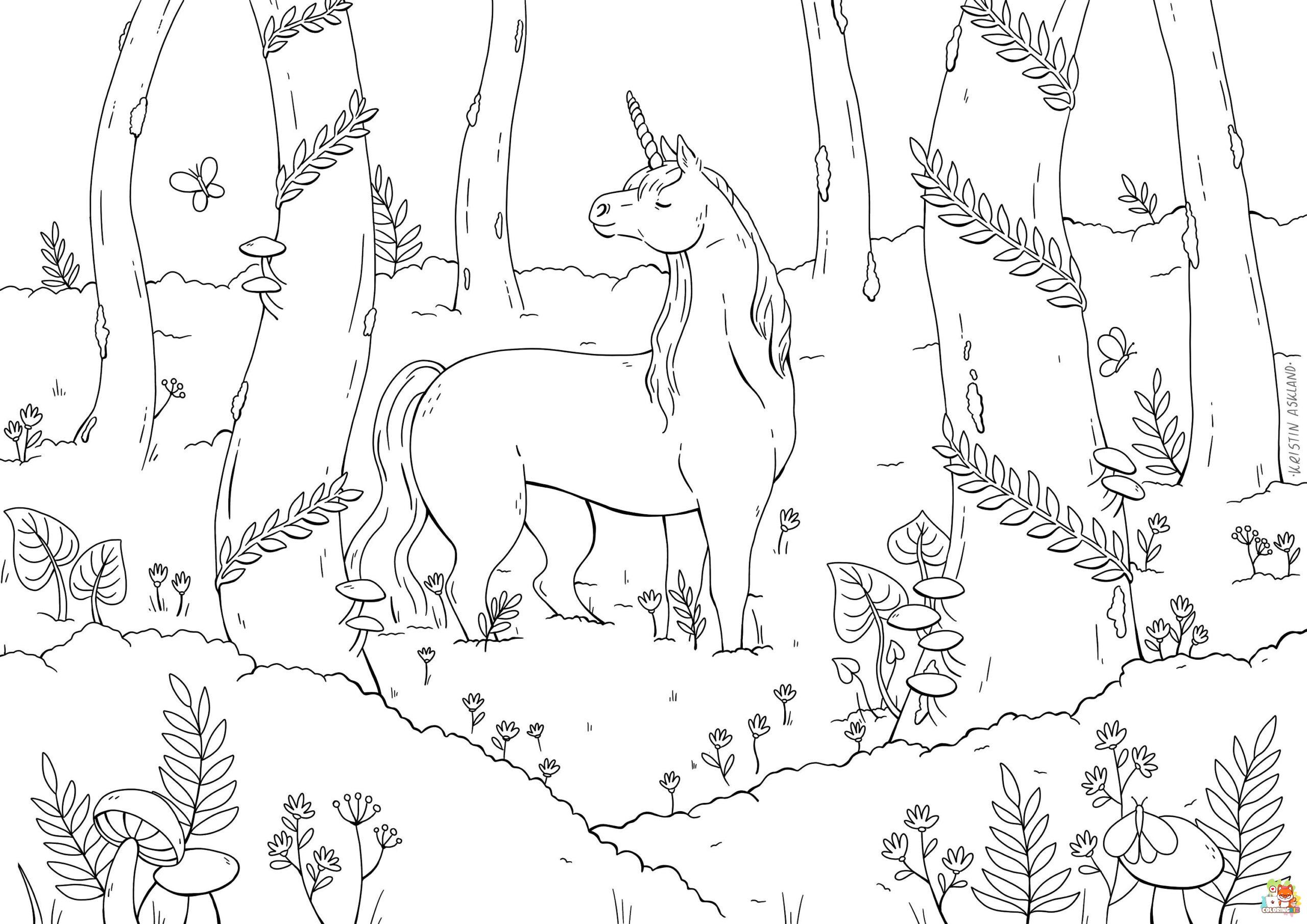 Unicorn In The Forest Coloring Pages 3