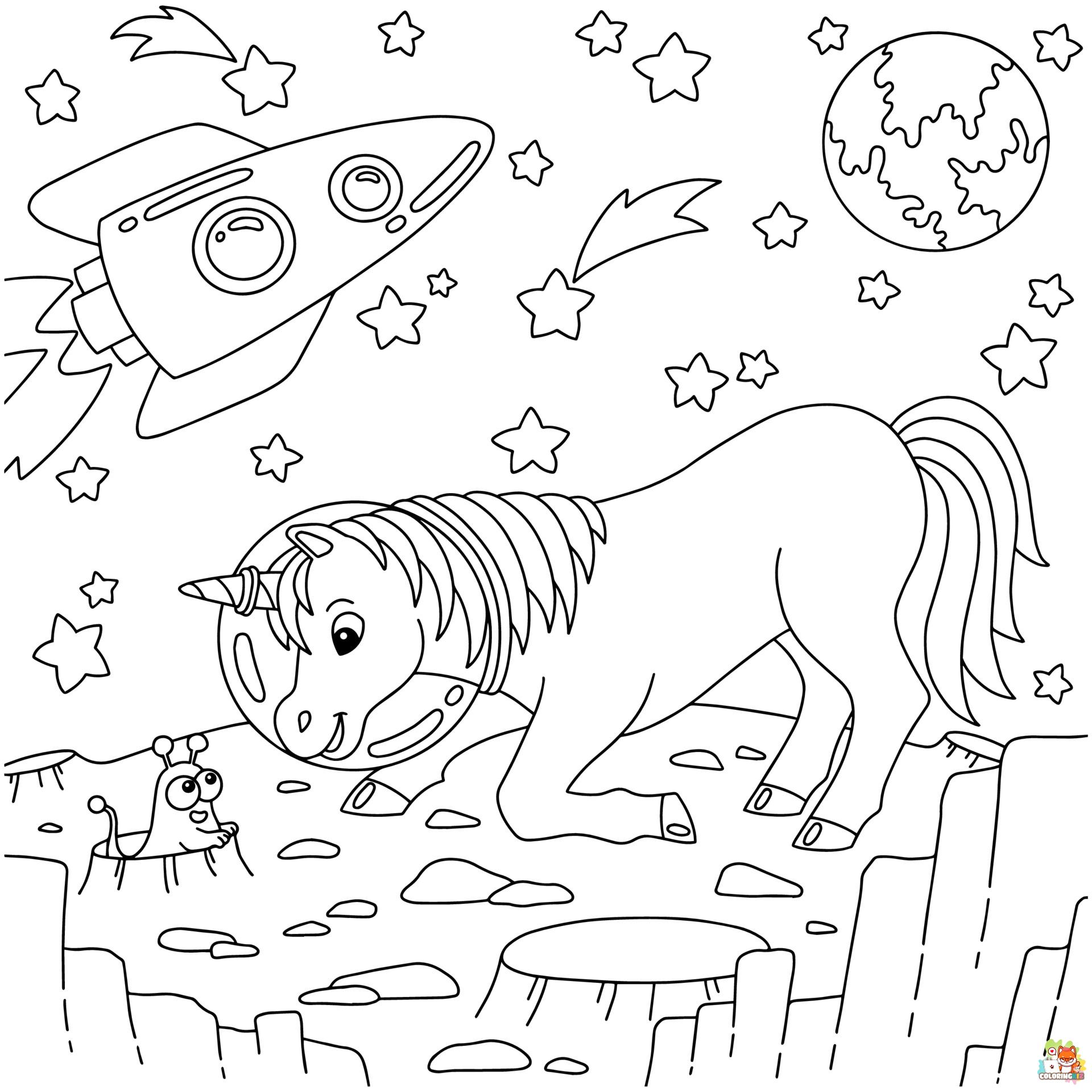 Unicorn With Rocket Coloring Pages 2