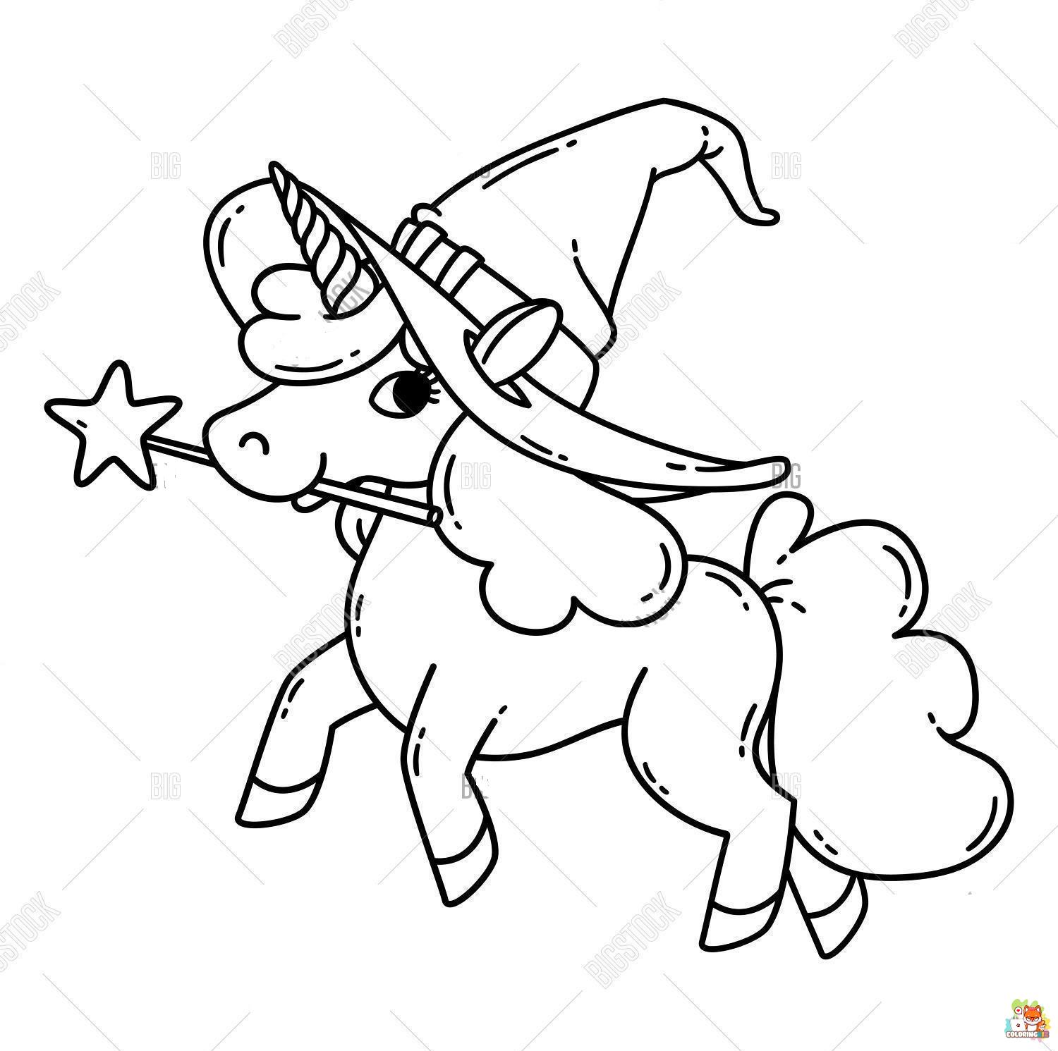 Unicorn and Witch coloring pages 1