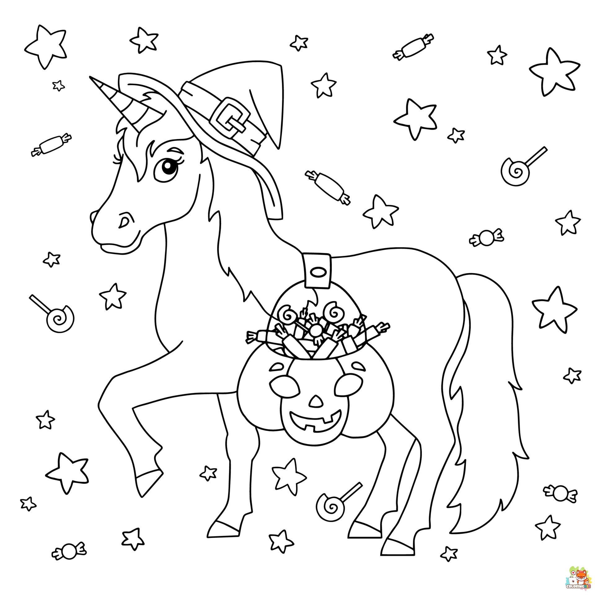 Unicorn and Witch coloring pages 2