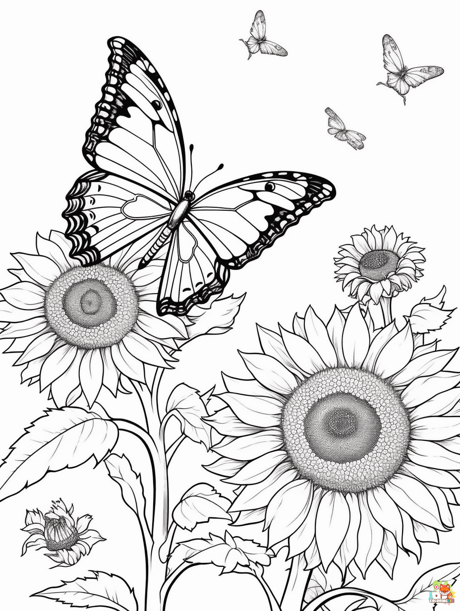 Easy Sunflower and Butterfly Coloring Pages 1