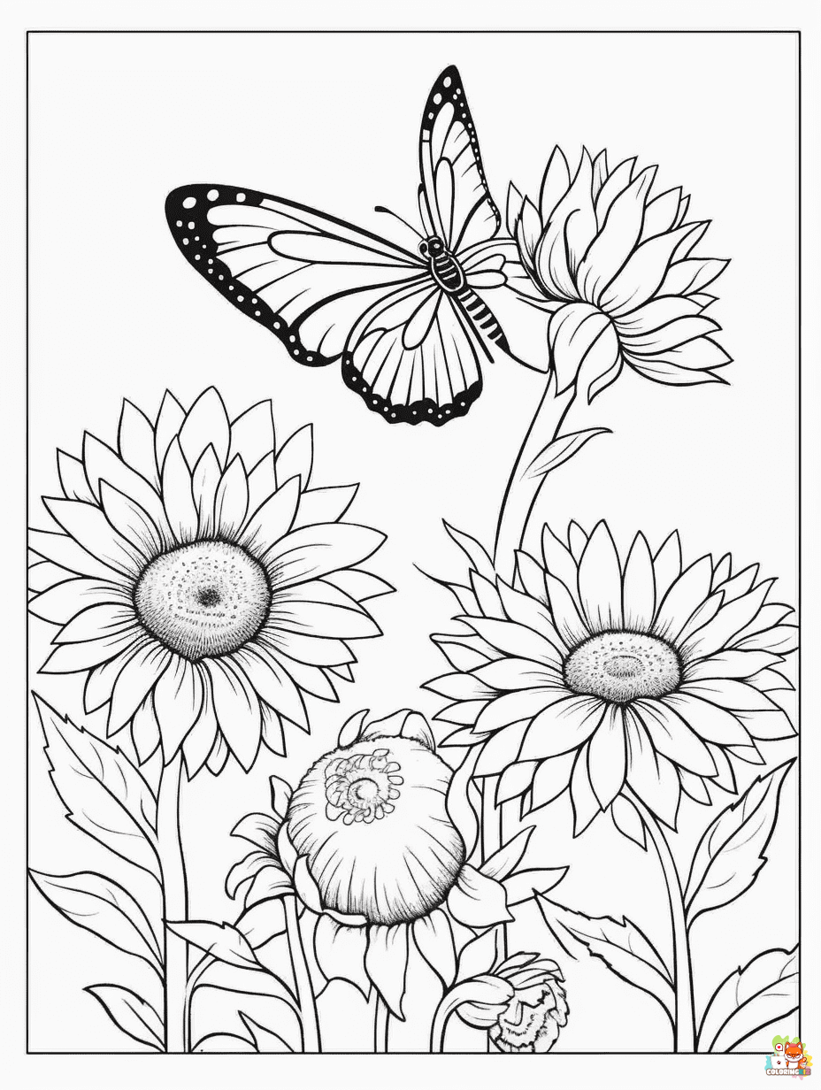 Easy Sunflower and Butterfly Coloring Pages 2