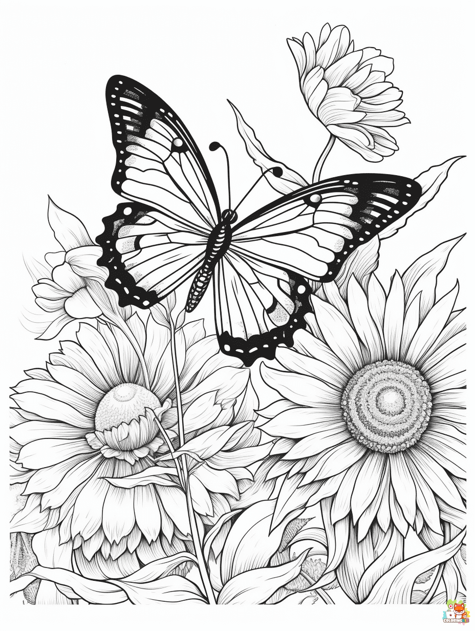 Free Sunflower and Butterfly Coloring Pages 2