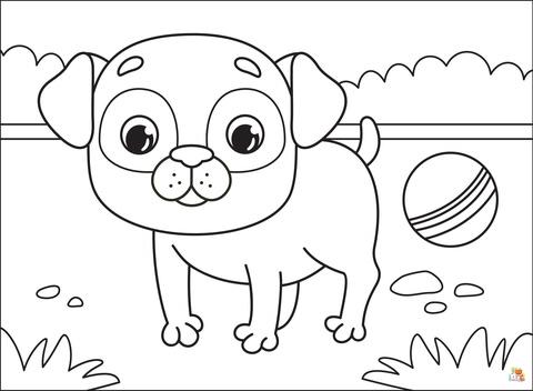 Pug Playing Ball Coloring Pages 3