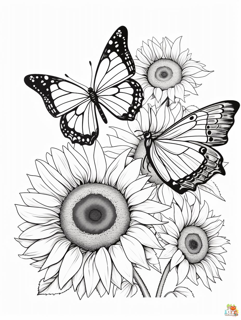 Sunflower and Butterfies Coloring Pages 1