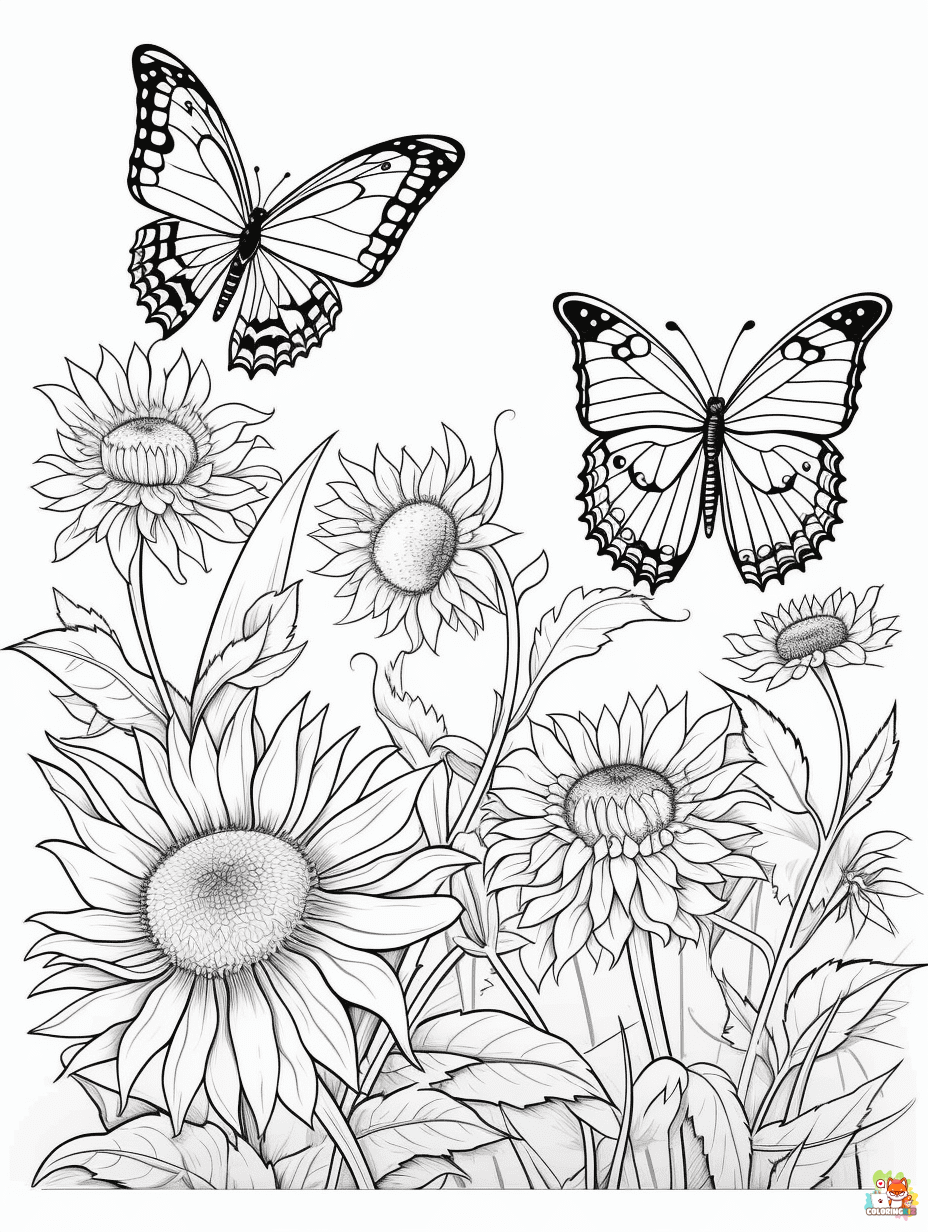 Sunflower and Butterfly Coloring Pages for Kids 1
