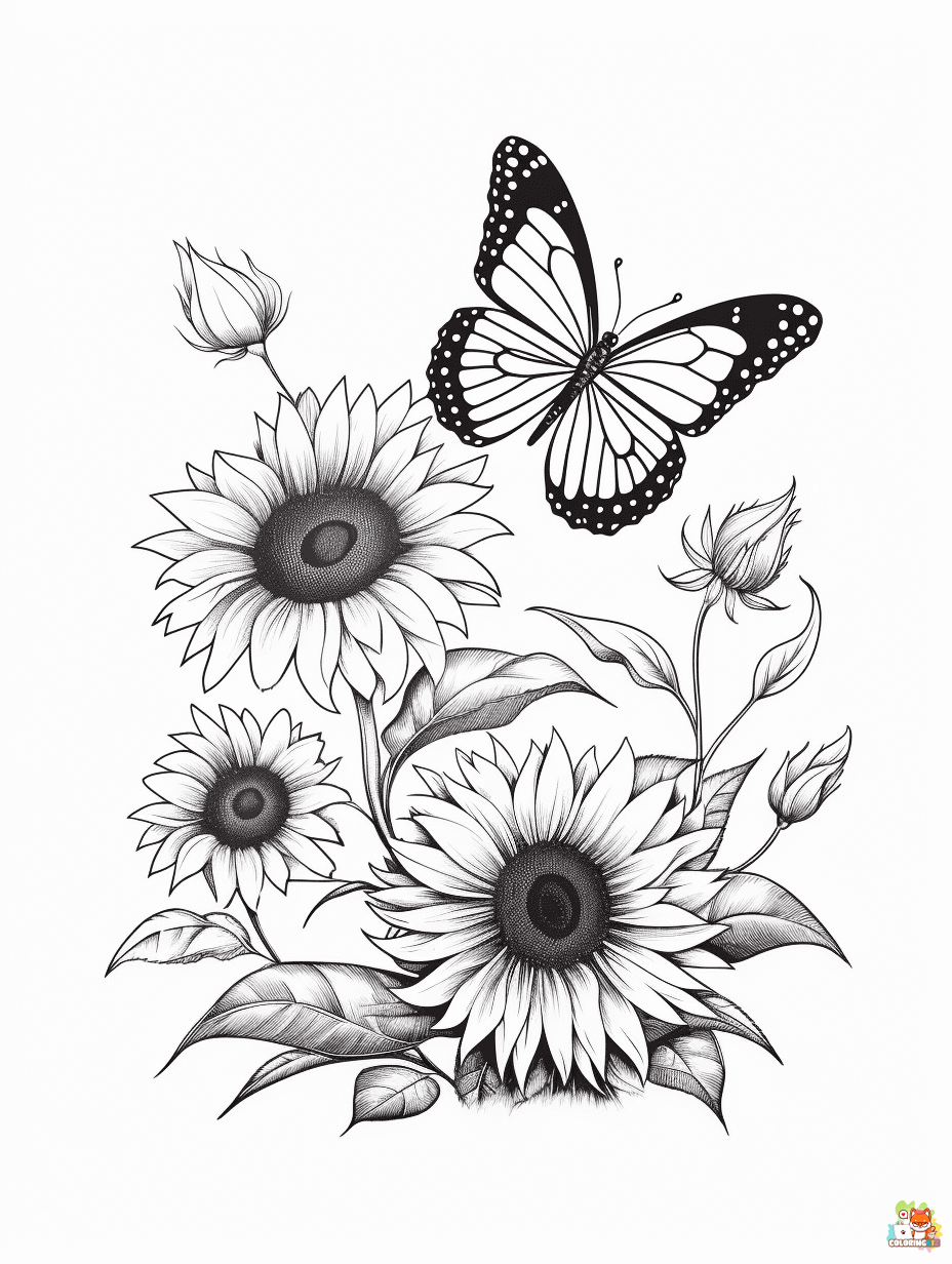 Sunflower and Butterfly Coloring Pages to Print 2