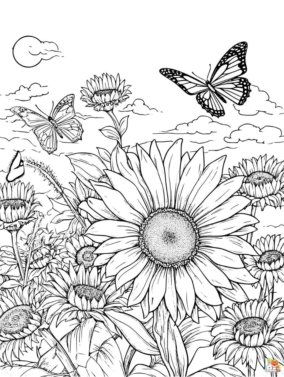Sunflowers and Butterflies Coloring Pages