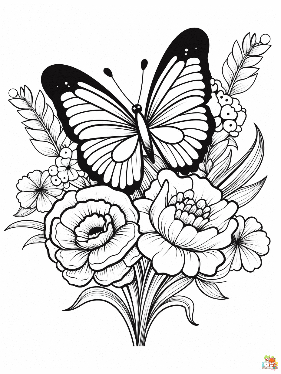 butterfly with flowers coloring pages