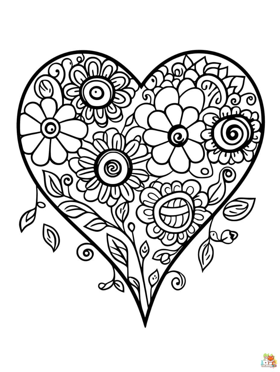 coloring pages of hearts and flowers