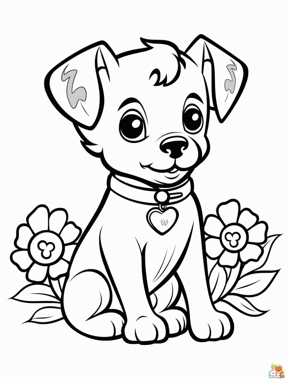 Dog with Flowers Coloring Pages Easy