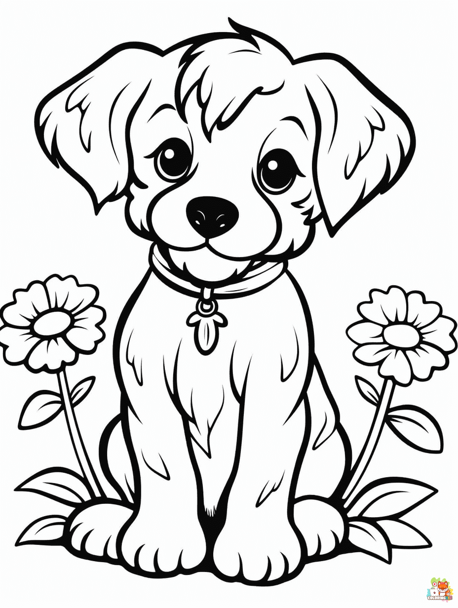 Dog with Flowers Coloring Pages Free