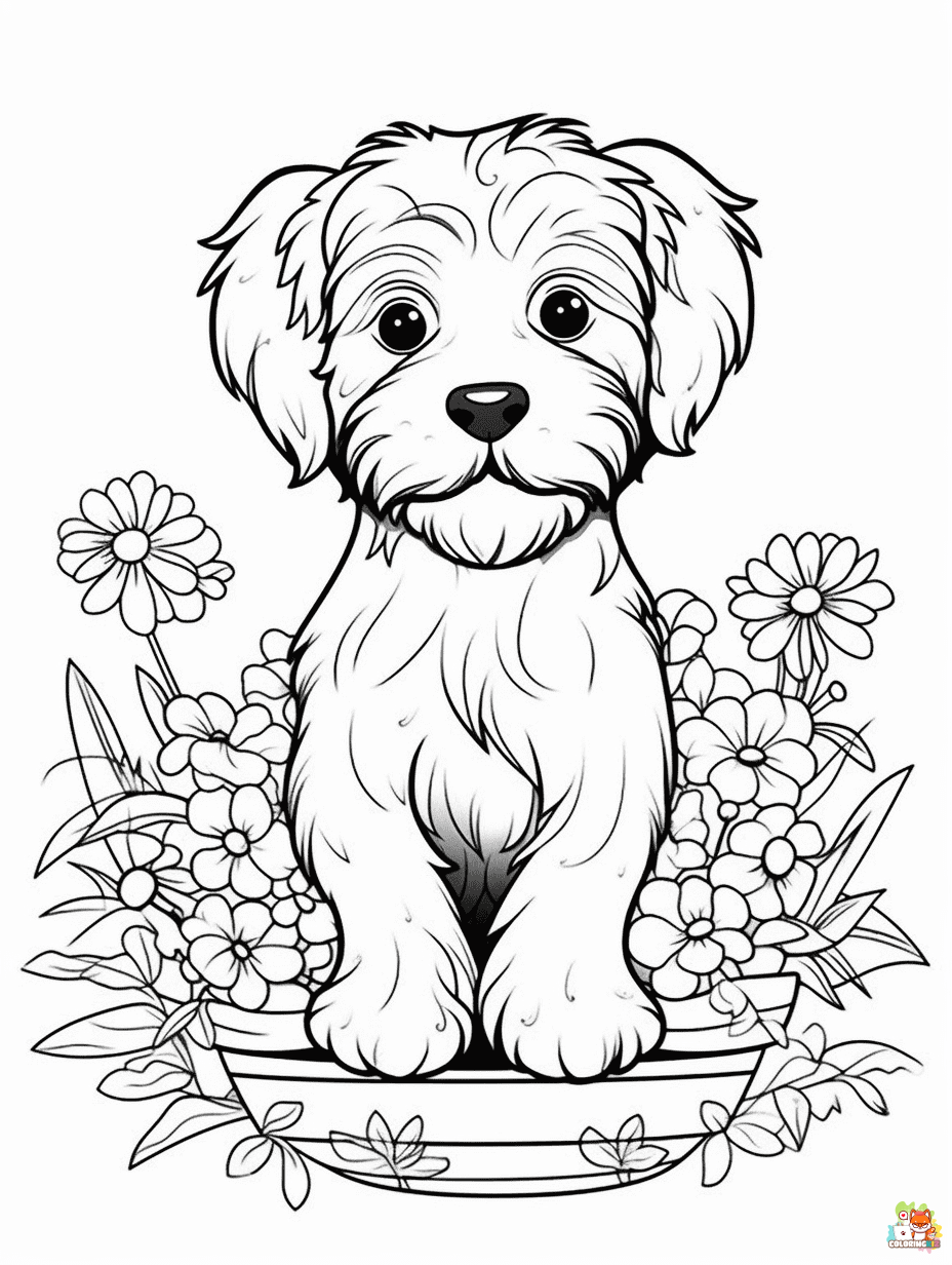 Dog with Flowers Coloring Pages for Adults
