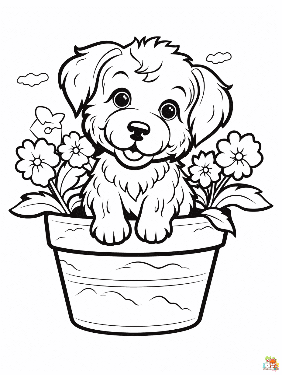 Dog with Flowers Coloring Pages for Kids