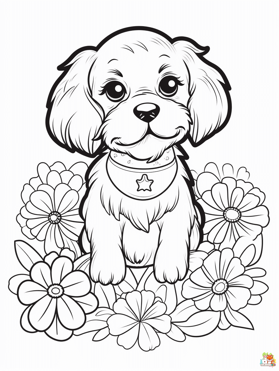 Dog with Flowers Coloring Pages to Print