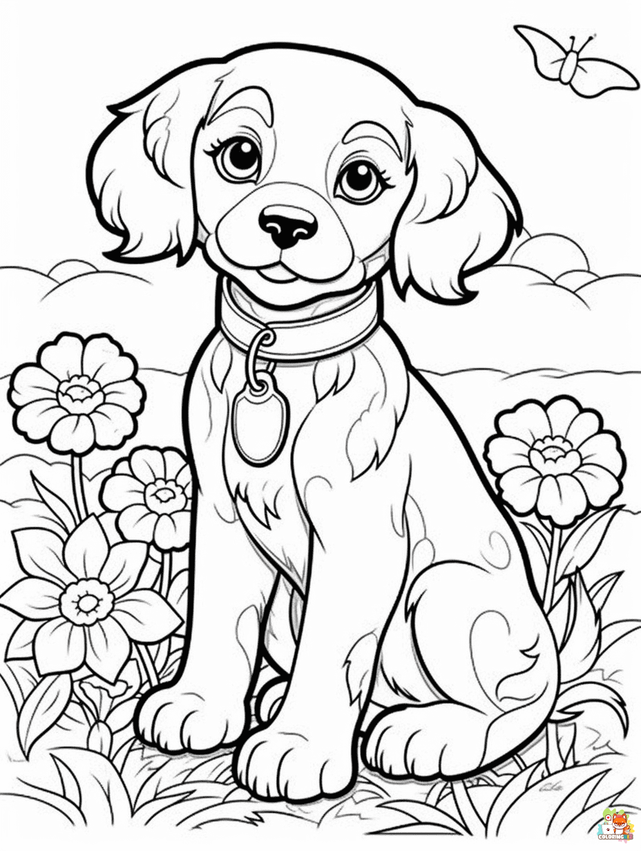 Easy Dog with Flowers Coloring Pages for Kids