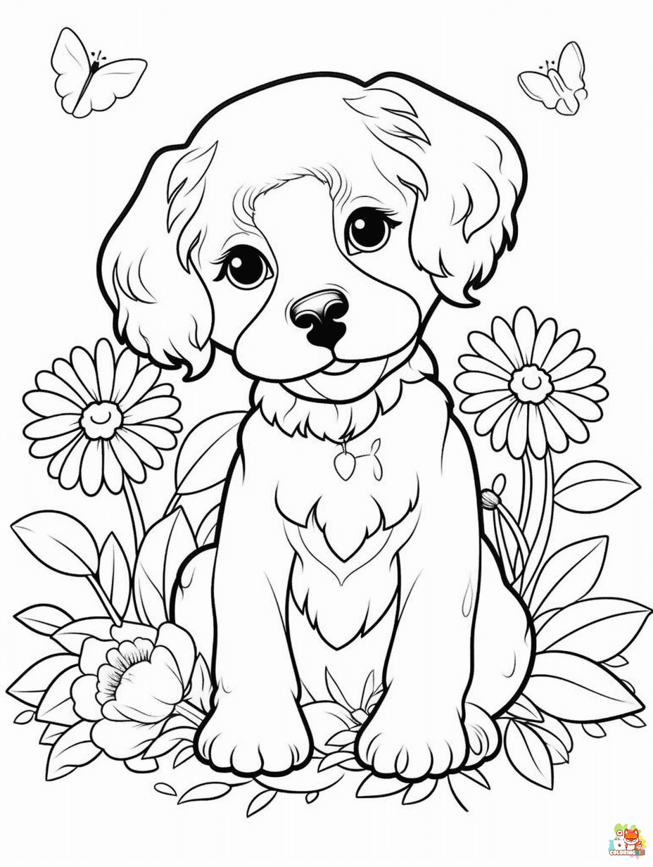 Easy Dog with Flowers Coloring Pages