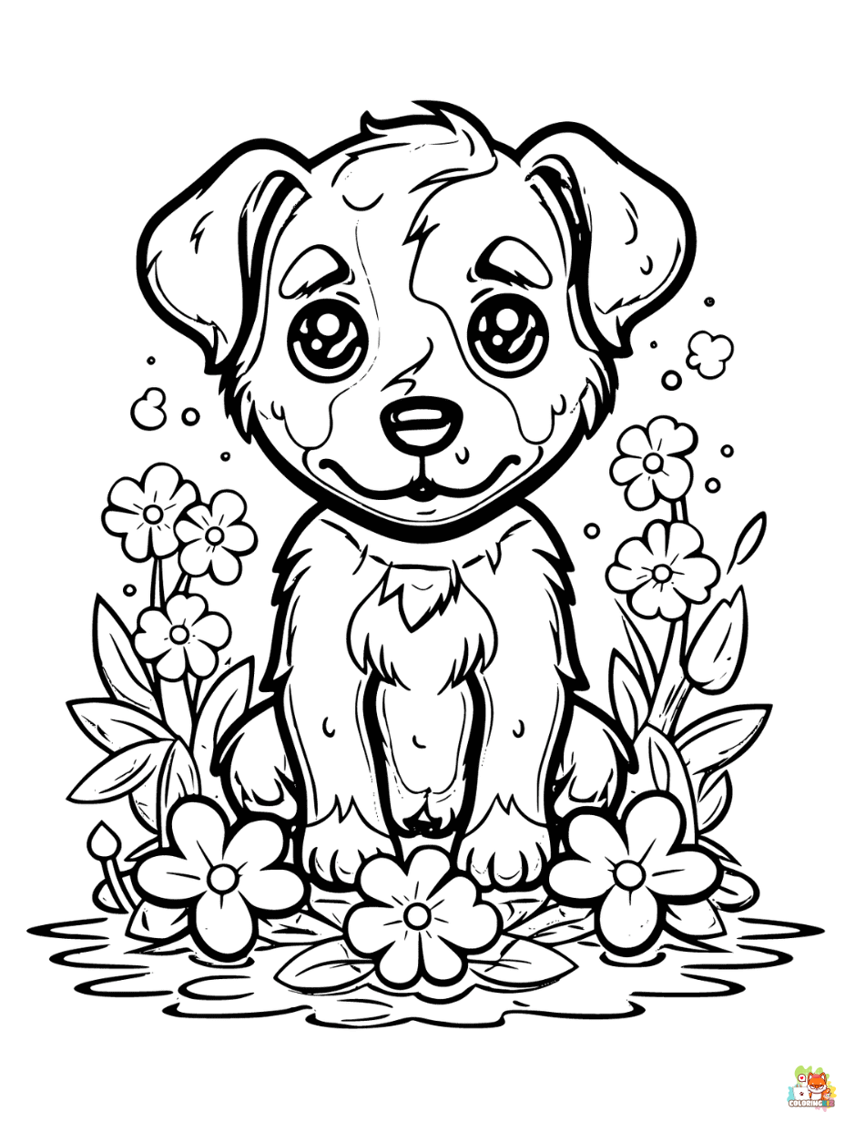 Free Dog with Flowers Coloring Pages