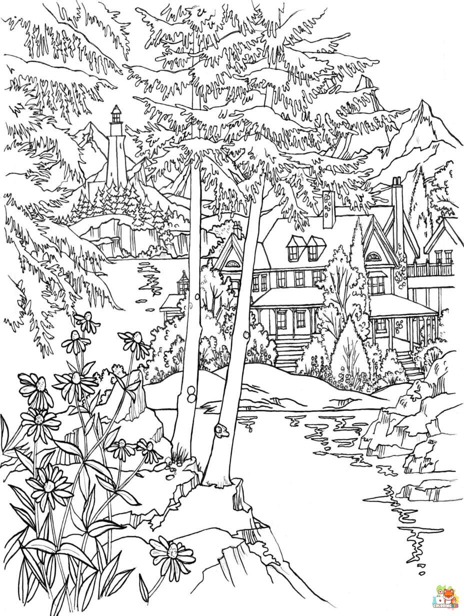 Free scenic coloring pages for kids